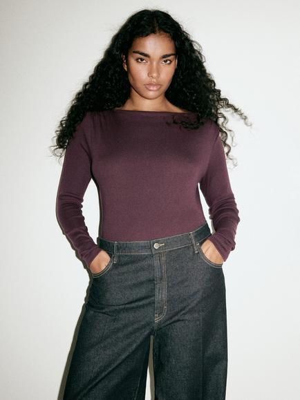 Mango Boat Neck Long Sleeve Top, Red Wine, Red Wine