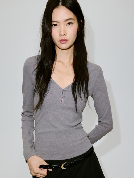 Mango Ribbed V-Neck Long Sleeve T-Shirt, Grey, Grey