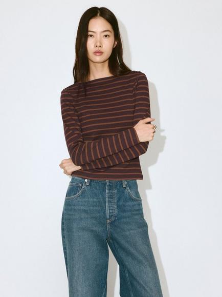 Mango Striped Long Sleeve T-Shirt, Brown, Brown