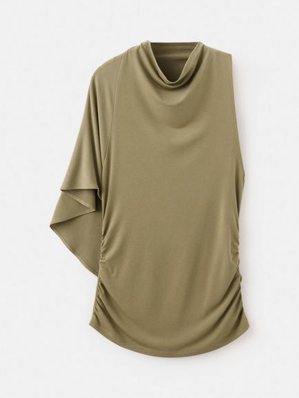 Mango Asymmetric Neck Short Sleeve Blouse, Khaki, Khaki