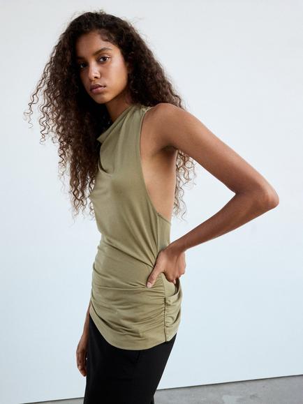 Mango Asymmetric Neck Short Sleeve Blouse, Khaki - view 2, Khaki