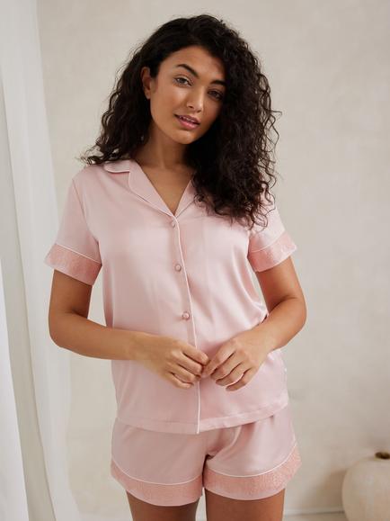 Chelsea Peers Lace Trim Short Satin Pyjama Set, Pink - view 2, Pink