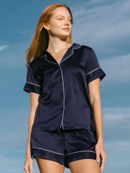 Chelsea Peers Lace Trim Short Satin Pyjama Set, Navy, Navy