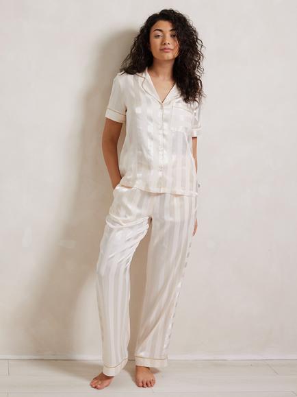 Chelsea Peers Jacquard Stripe Button Through Long Satin Pyjama Set, Off White, Off White