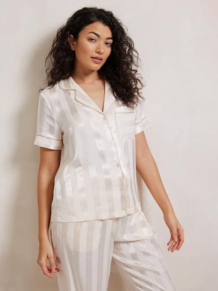 Chelsea Peers Jacquard Stripe Button Through Long Satin Pyjama Set, Off White - view 2, Off White