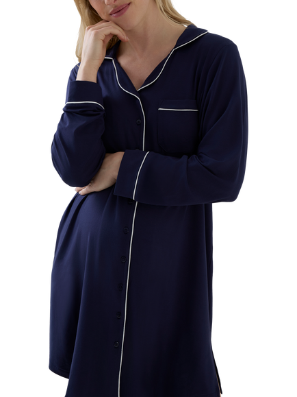JoJo Maman Bébé Soft Jersey Collar Revere Maternity Nightdress, Navy Blue - view 2, Navy Blue