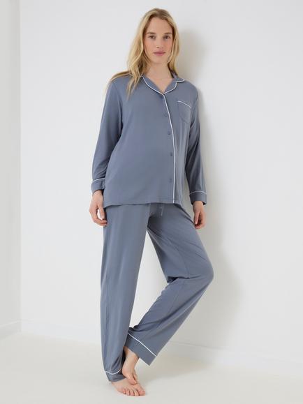 JoJo Maman Bébé Soft Jersey Collar Revere Pyjamas Set, Mid Blue, Mid Blue