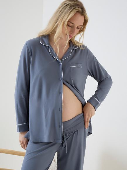 JoJo Maman Bébé Soft Jersey Collar Revere Pyjamas Set, Mid Blue - view 2, Mid Blue