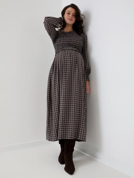 JoJo Maman Bébé Check Midi Maternity and Nursing Dress, Mid Grey, Mid Grey
