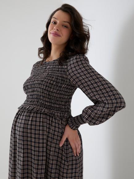 JoJo Maman Bébé Check Midi Maternity and Nursing Dress, Mid Grey - view 2, Mid Grey