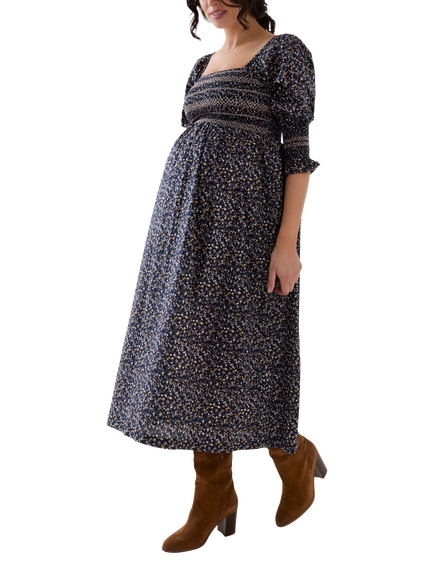 JoJo Maman Bébé Prairie Floral Shirred Maternity Midi Dress, Dark Green, Dark Green