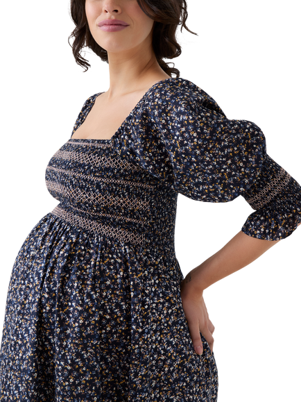 JoJo Maman Bébé Prairie Floral Shirred Maternity Midi Dress, Dark Green - view 2, Dark Green