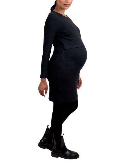 JoJo Maman Bébé Ribbed Mini Maternity & Nursing Dress, Black - view 2, Black