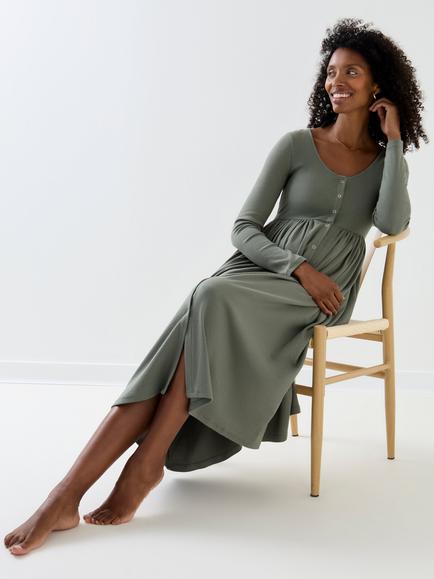 JoJo Maman Bébé Soft Ribbed Popper A-Line Maternity and Nursing Dress, Mid Green, Mid Green