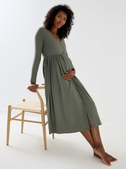JoJo Maman Bébé Soft Ribbed Popper A-Line Maternity and Nursing Dress, Mid Green - view 2, Mid Green