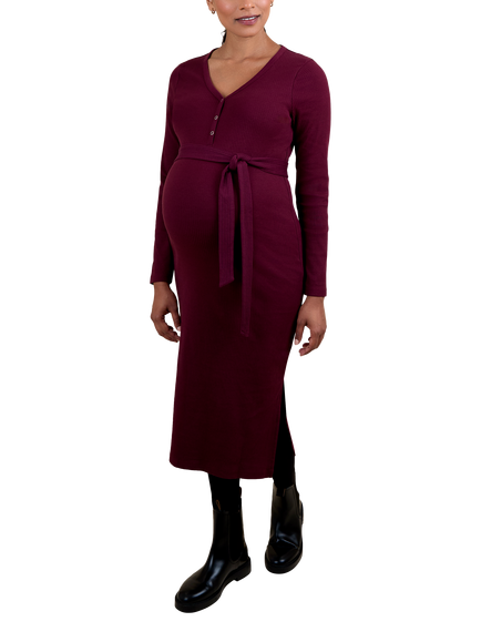 JoJo Maman Bébé Ribbed Maternity Popper Front Dress, Wine, Wine