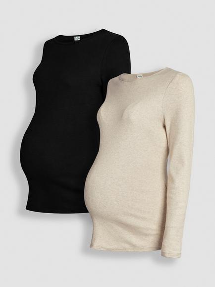 JoJo Maman Bébé Long Sleeve Maternity Top, Pack of 2, Black/Cream, Black/Cream