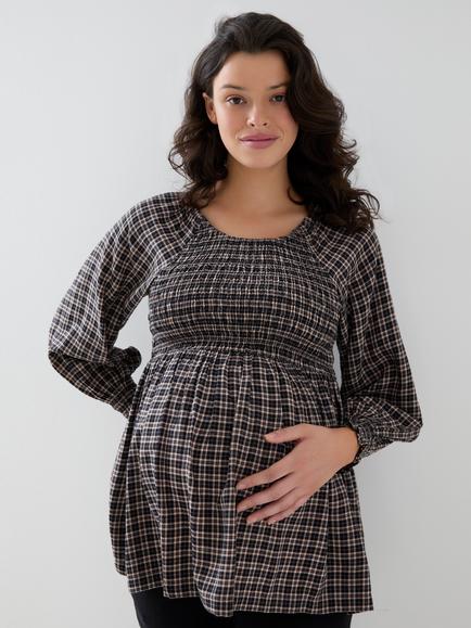 JoJo Maman Bébé Long Sleeve Shirred Gingham Maternity Top, Mid Brown, Mid Brown
