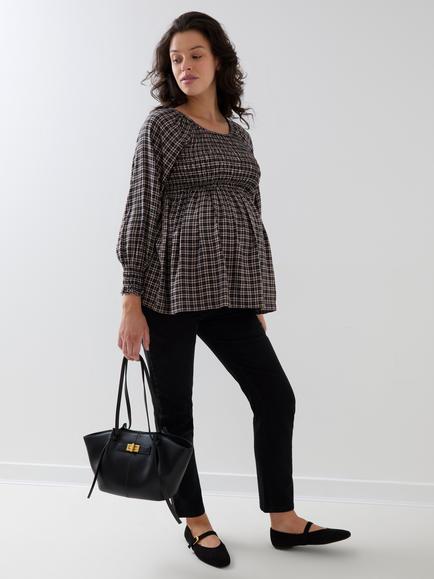 JoJo Maman Bébé Long Sleeve Shirred Gingham Maternity Top, Mid Brown - view 2, Mid Brown