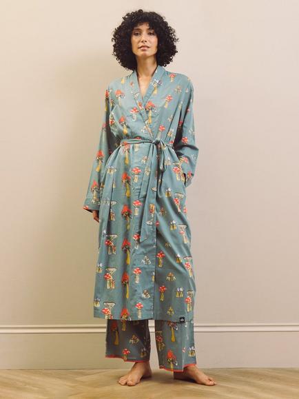 Their Nibs Mushroom Cotton Voile Grandpa Dressing Gown, Charcoal/Multi, Charcoal/Multi
