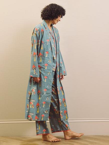 Their Nibs Mushroom Cotton Voile Grandpa Dressing Gown, Charcoal/Multi - view 2, Charcoal/Multi