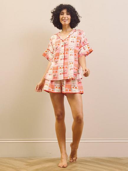 Their Nibs Pink Cherry Kisses Cotton Oversized Short Pyjama Set, Pink/Multi, Pink/Multi