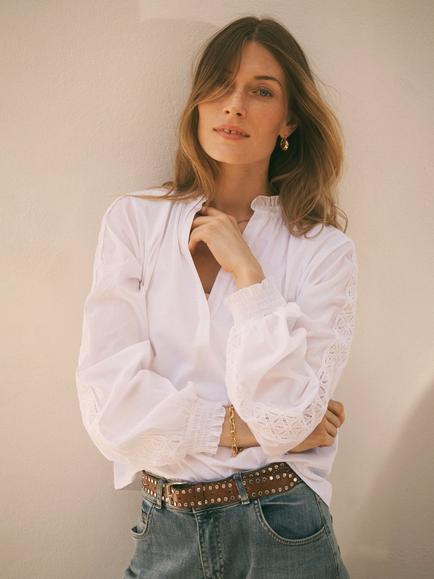 NRBY Olivia Cotton V-Neck Long Sleeve Blouse, White, White