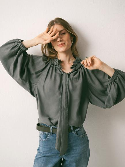 NRBY Lenni Silk Twill Balloon Sleeve Top, Khaki