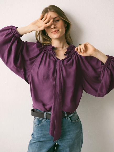 NRBY Lenni Silk Twill Balloon Sleeve Top, Plum Noir