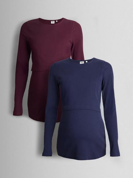 JoJo Maman Bébé Ribbed Maternity & Nursing Top, Pack of 2, Wine, Wine