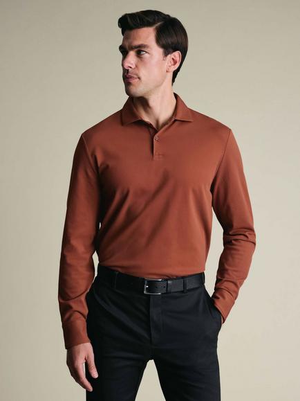 Charles Tyrwhitt Cotton Blend Long Sleeve Piqué Polo Shirt, Burnt Orange