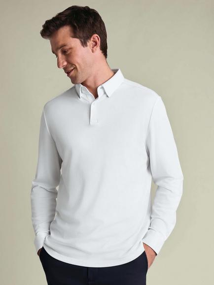 Charles Tyrwhitt Cotton Long Sleeve Polo Top, White - view 2, White