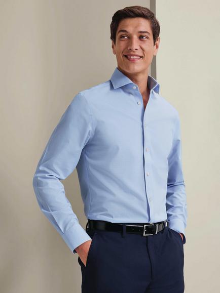 Charles Tyrwhitt Grid Check Cotton Poplin Non-Iron Stretch Slim Fit Shirt, Mid Blue, Mid Blue