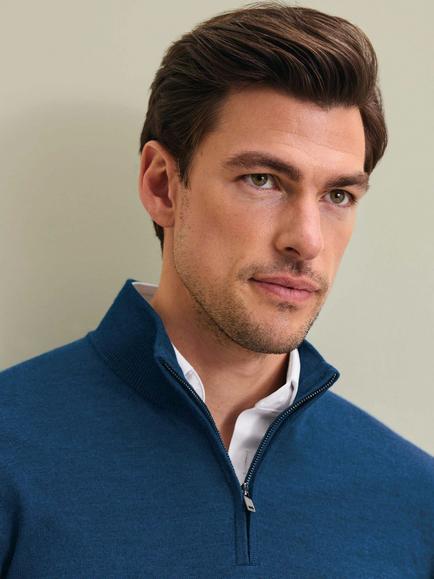 Charles Tyrwhitt Half Zip Merino Wool Jumper - view 2, Royal Blue