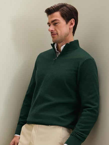 Charles Tyrwhitt Merino Wool Texture Zip Neck Jumper, Dark Green, Dark Green