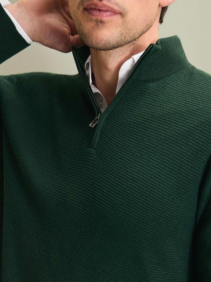 Charles Tyrwhitt Merino Wool Texture Zip Neck Jumper, Dark Green - view 2, Dark Green