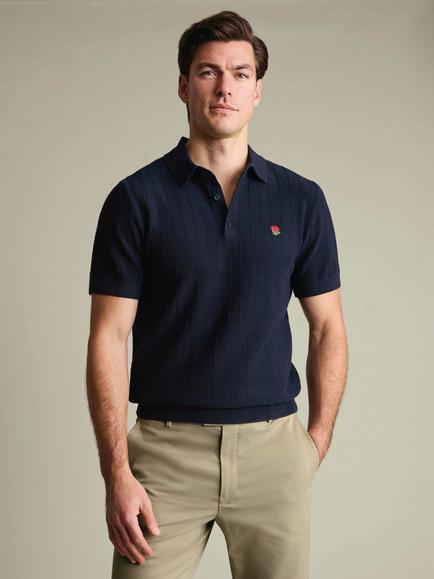 Charles Tyrwhitt Cotton RFU Stripe Texture Knitted Polo Top, Navy Blue, Navy Blue