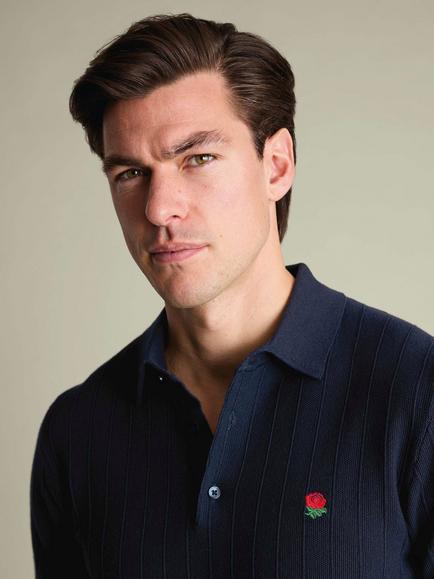 Charles Tyrwhitt Cotton RFU Stripe Texture Knitted Polo Top, Navy Blue - view 2, Navy Blue