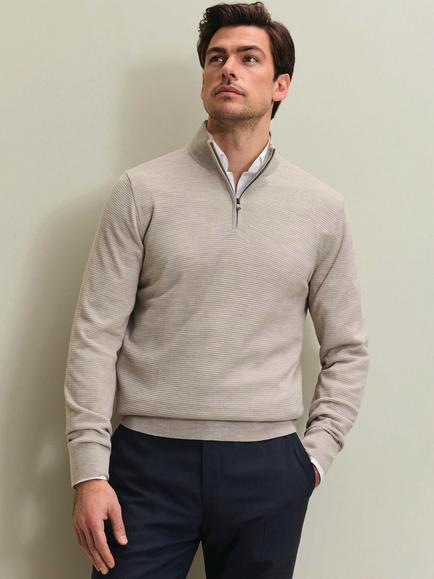 Charles Tyrwhitt Merino Wool Texture Zip Neck Jumper, Stone, Stone