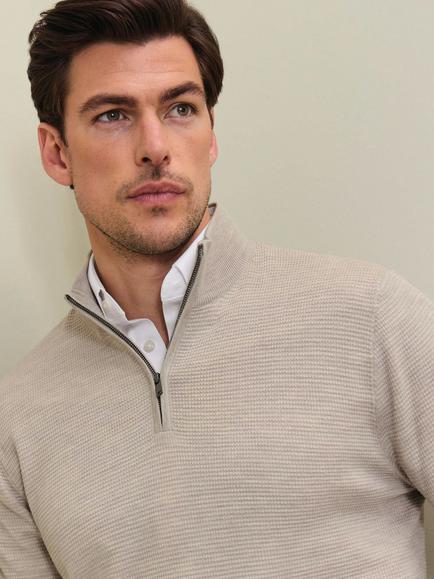 Charles Tyrwhitt Merino Wool Texture Zip Neck Jumper, Stone - view 2, Stone