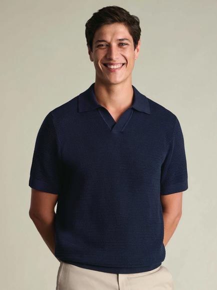 Charles Tyrwhitt Cotton Trophy Neck Knit Texture Polo Top, Navy Blue