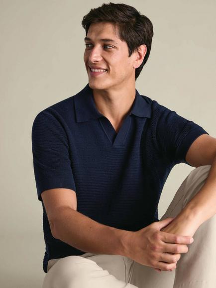 Charles Tyrwhitt Cotton Trophy Neck Knit Texture Polo Top - view 2, Navy Blue