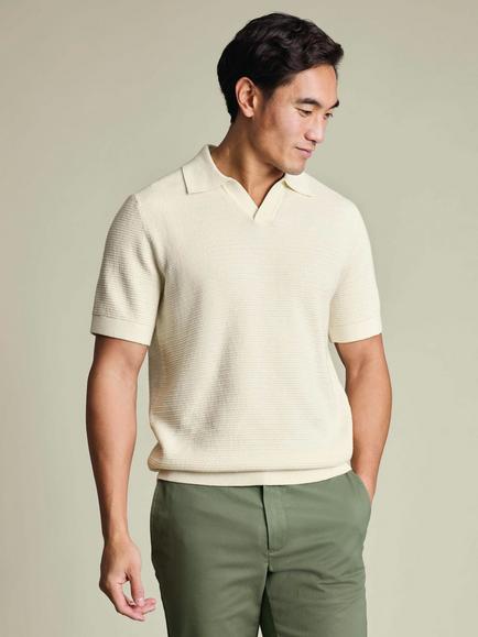Charles Tyrwhitt Cotton Trophy Neck Knit Texture Polo Top, Cream