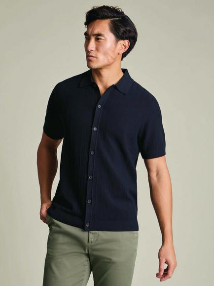 Charles Tyrwhitt Cotton Stripe Texture Button Through Knitted Polo Top, Navy Blue