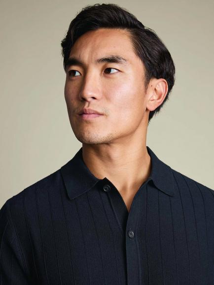 Charles Tyrwhitt Cotton Stripe Texture Button Through Knitted Polo Top - view 2, Navy Blue