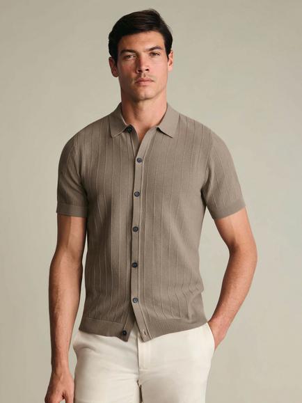 Charles Tyrwhitt Cotton Stripe Texture Button Through Knitted Polo Top, Taupe