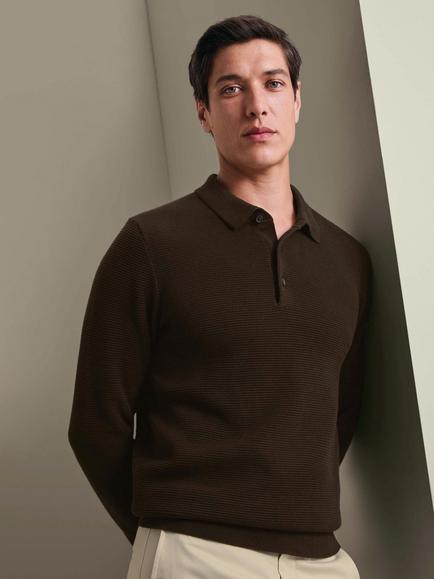 Charles Tyrwhitt Textured Knit Long Sleeve Polo Shirt, Chocolate