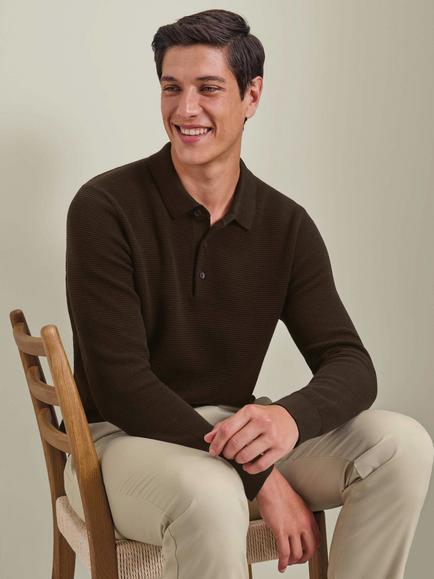 Charles Tyrwhitt Textured Knit Long Sleeve Polo Shirt - view 2, Chocolate