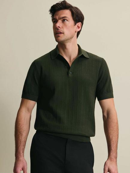 Charles Tyrwhitt Short Sleeve Textured Stripe Pique Cotton Knit Polo Shirt, Olive Green