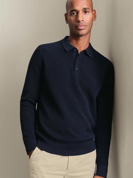 Charles Tyrwhitt Textured Knit Long Sleeve Polo Shirt, Navy